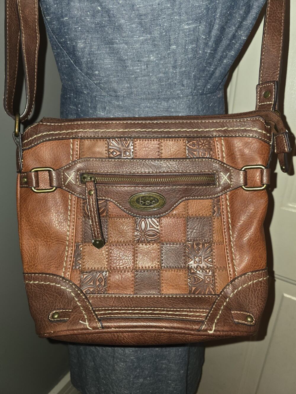 B.O.C Womens Shoulder Bag Brown Patchwork Faux Leather Multiple Compartment Boho